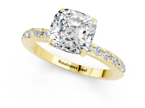 Yellow gold Cushion Cut Moissanite Ring with Pavé Band and Four-Prong Setting_1