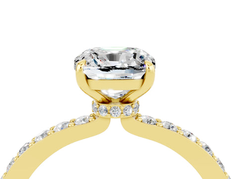 Yellow gold Cushion Cut Moissanite Ring with Pavé Band and Four-Prong Setting_4