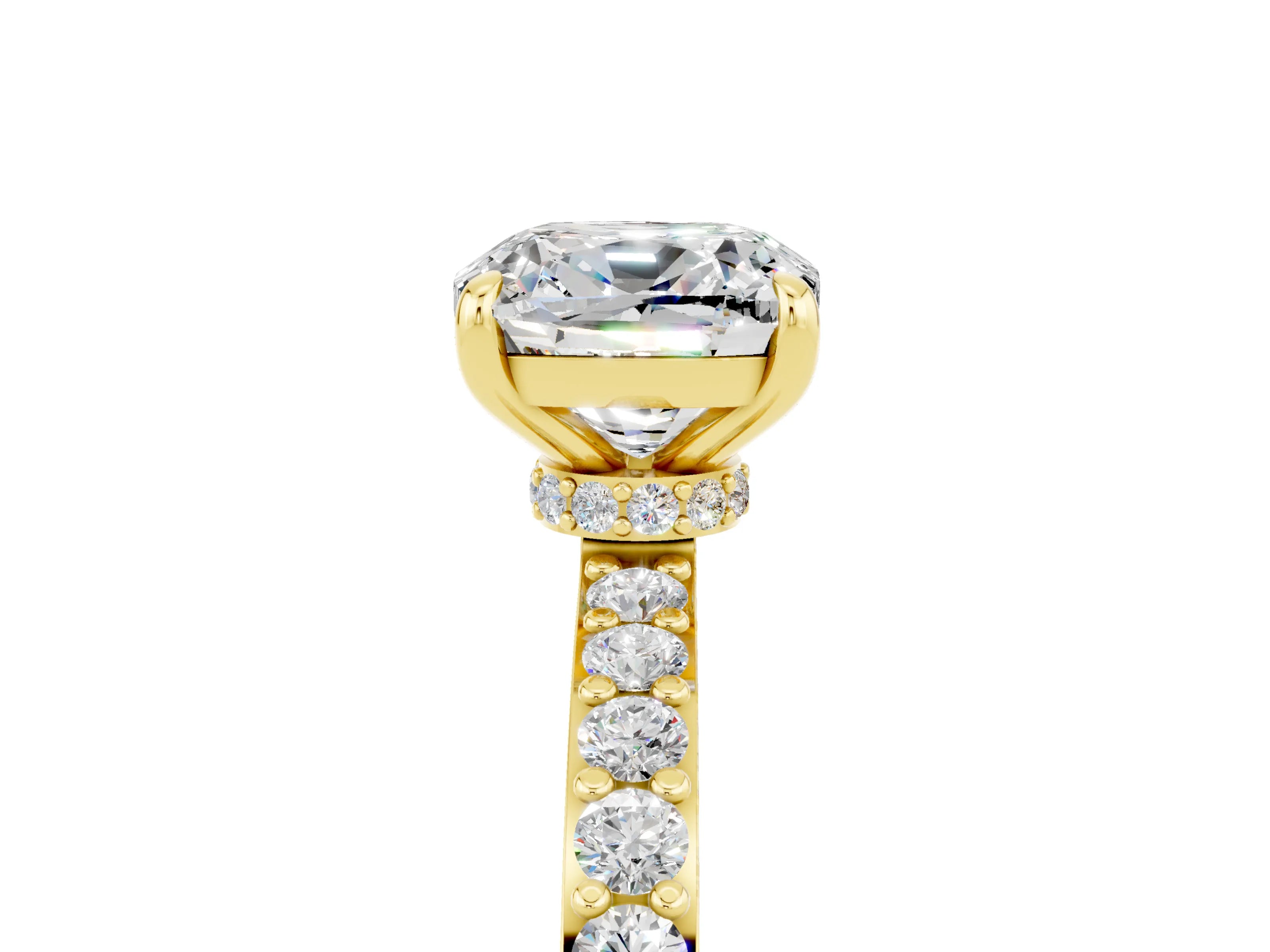 Yellow gold Cushion Cut Moissanite Ring with Pavé Band and Four-Prong Setting_5
