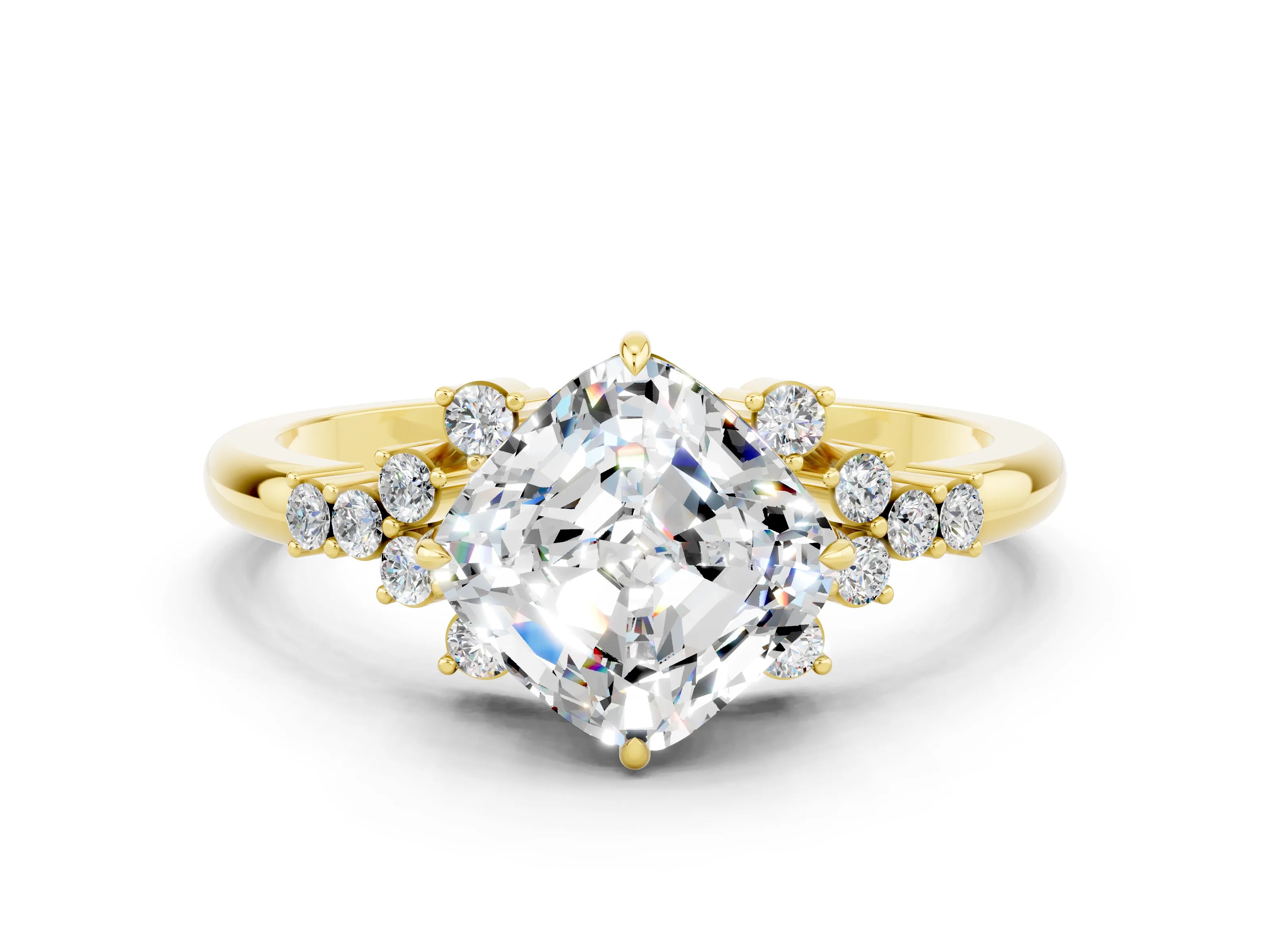 Yellow gold Cushion Cut Moissanite Ring with Side Stones and Four-Prong Setting_36
