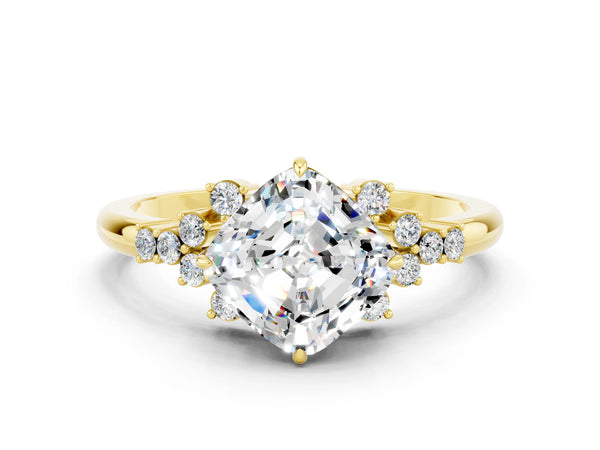 Yellow gold Cushion Cut Moissanite Ring with Side Stones and Four-Prong Setting