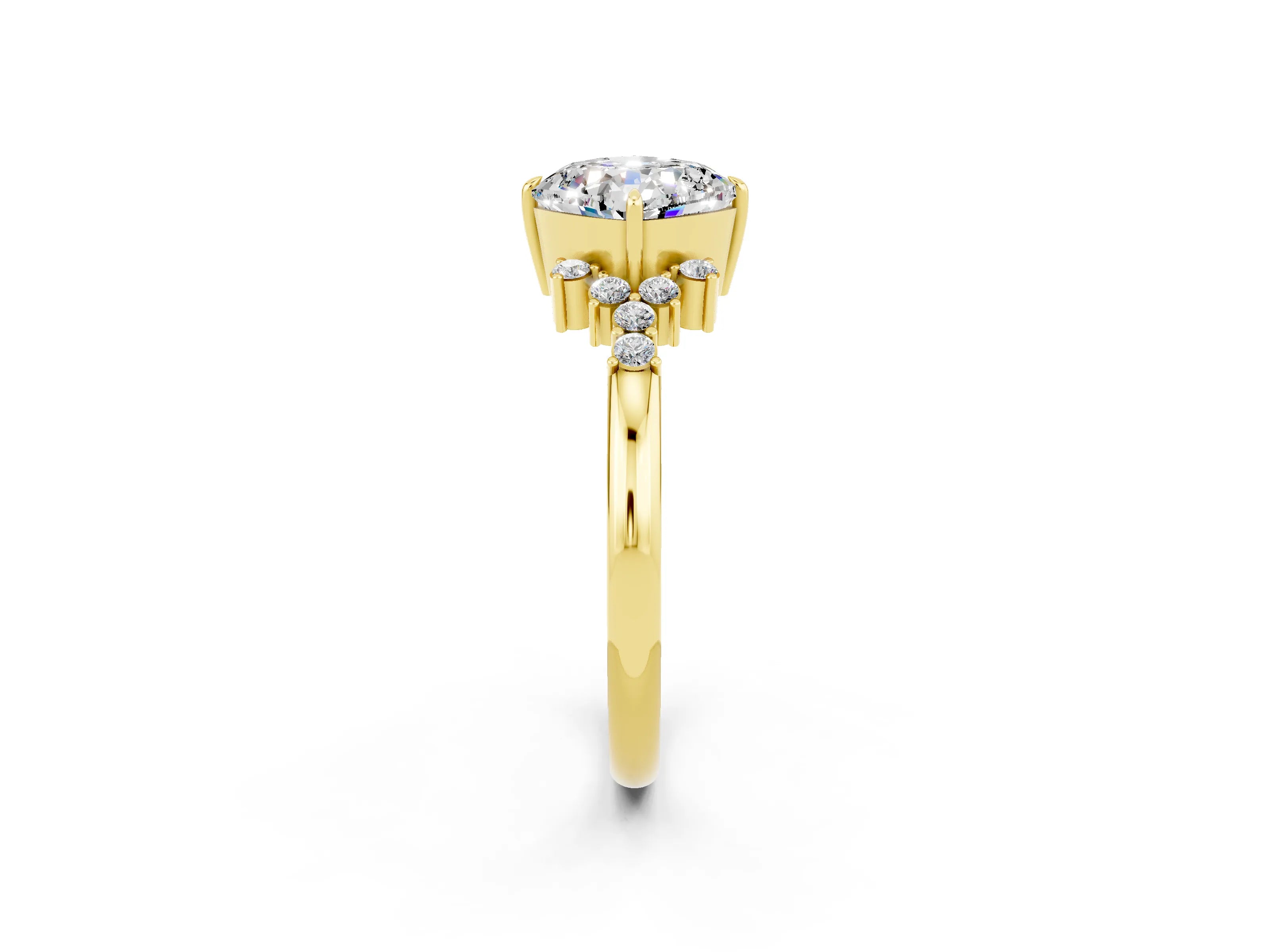 Yellow gold Cushion Cut Moissanite Ring with Side Stones and Four-Prong Setting_38