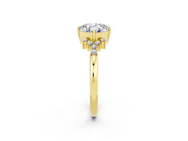 Yellow gold Cushion Cut Moissanite Ring with Side Stones and Four-Prong Setting