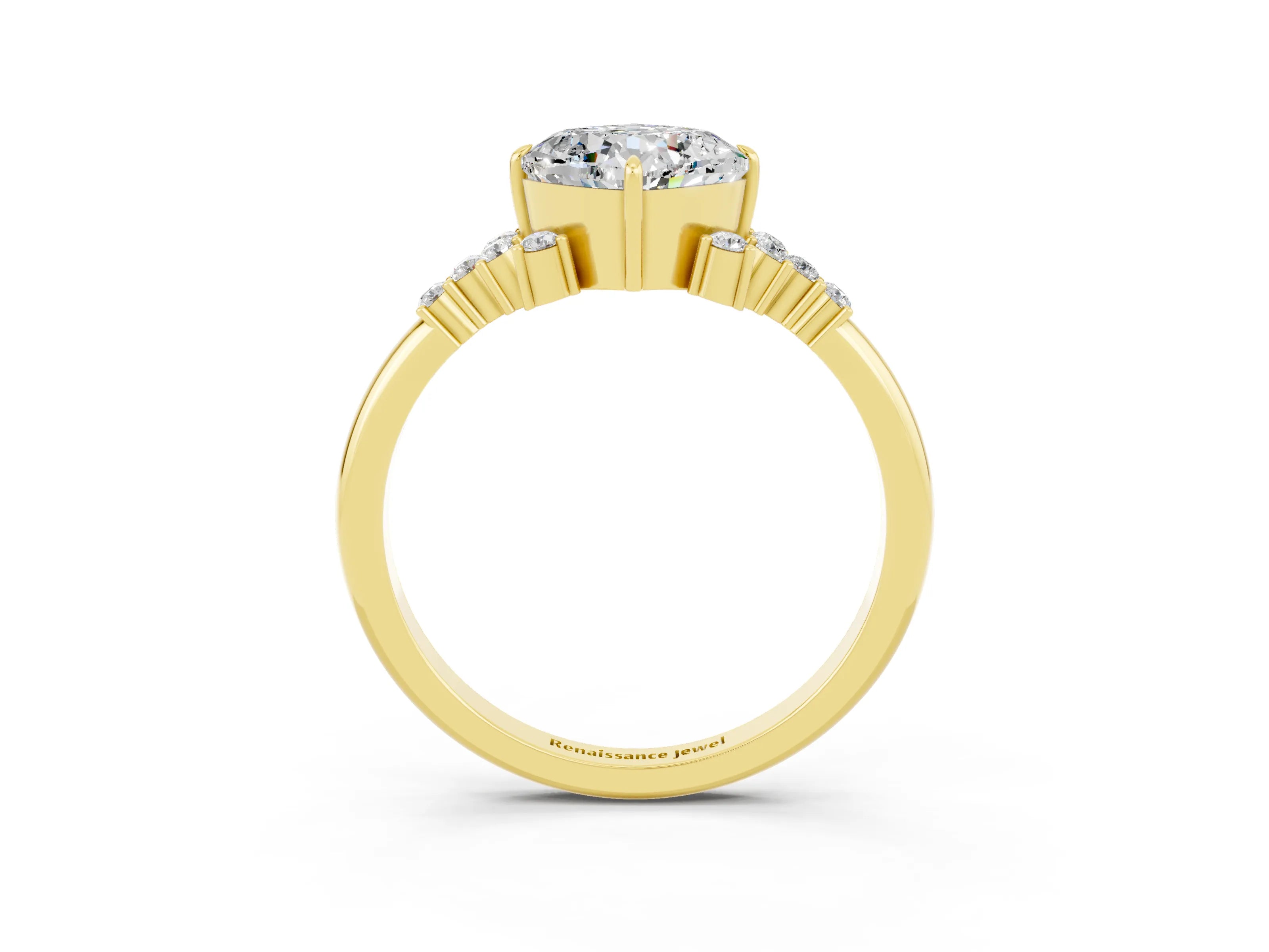Yellow gold Cushion Cut Moissanite Ring with Side Stones and Four-Prong Setting_39