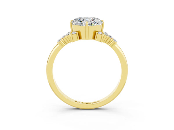 Yellow gold Cushion Cut Moissanite Ring with Side Stones and Four-Prong Setting