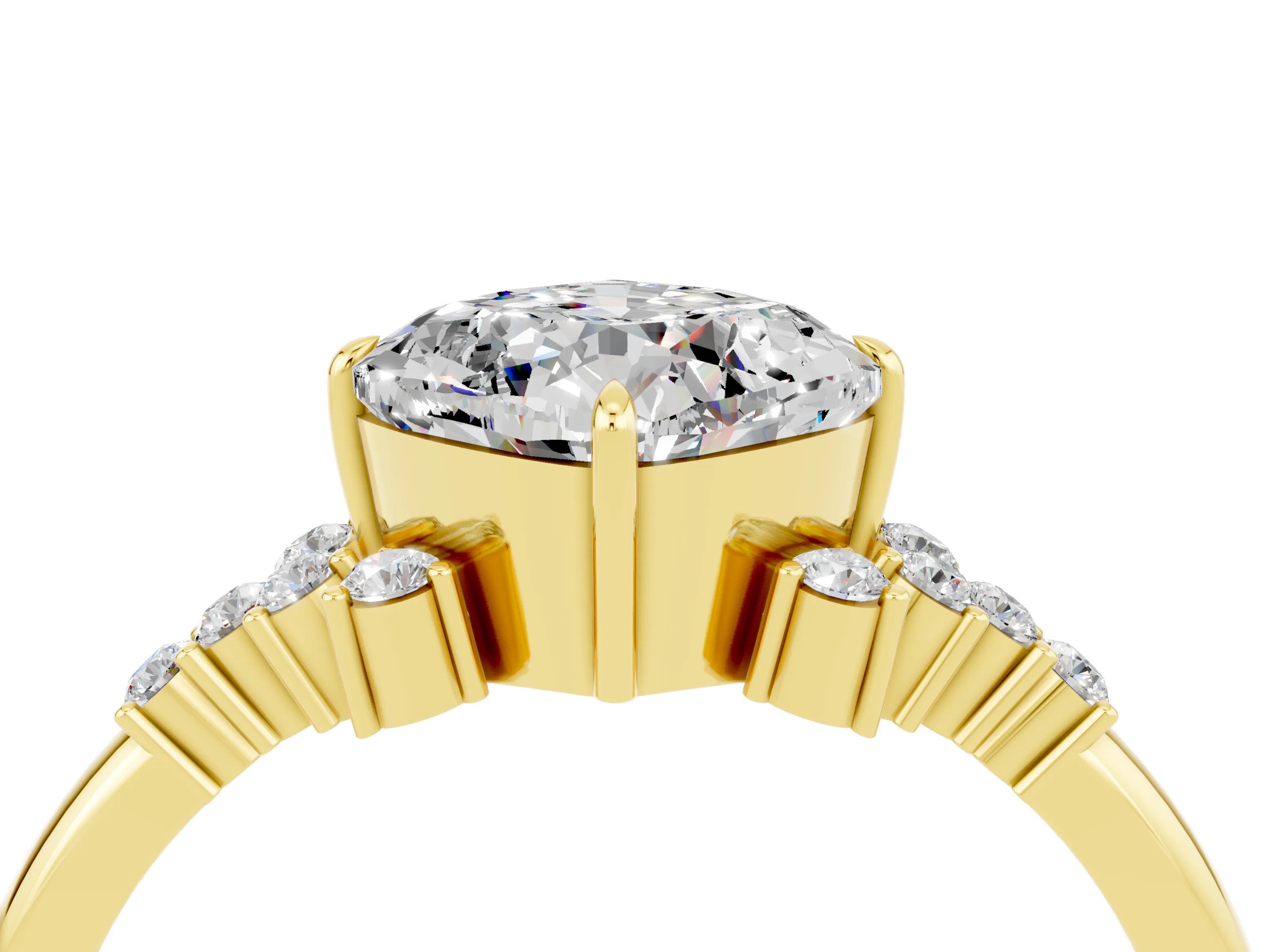 Yellow gold Cushion Cut Moissanite Ring with Side Stones and Four-Prong Setting_40