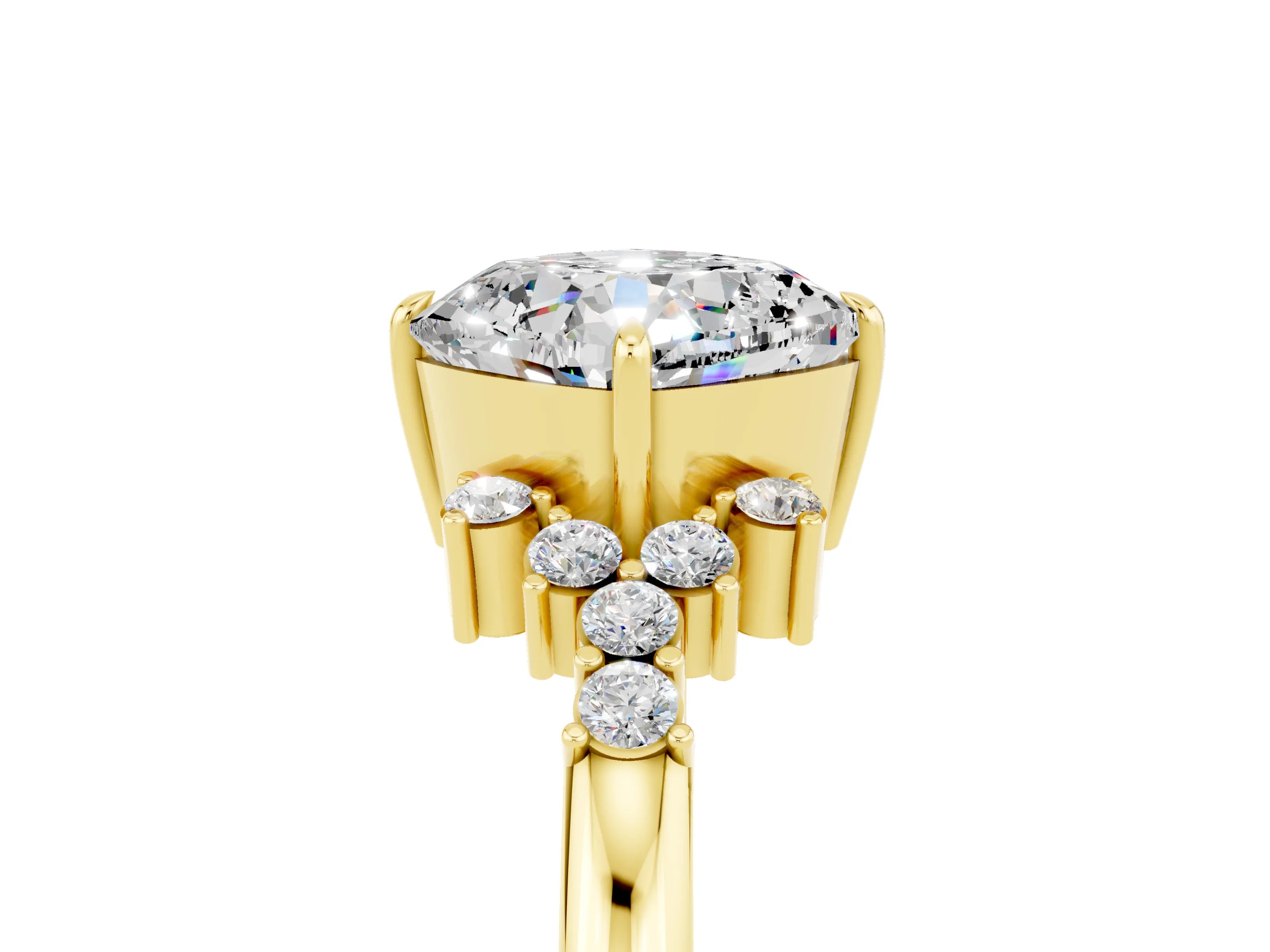 Yellow gold Cushion Cut Moissanite Ring with Side Stones and Four-Prong Setting_41