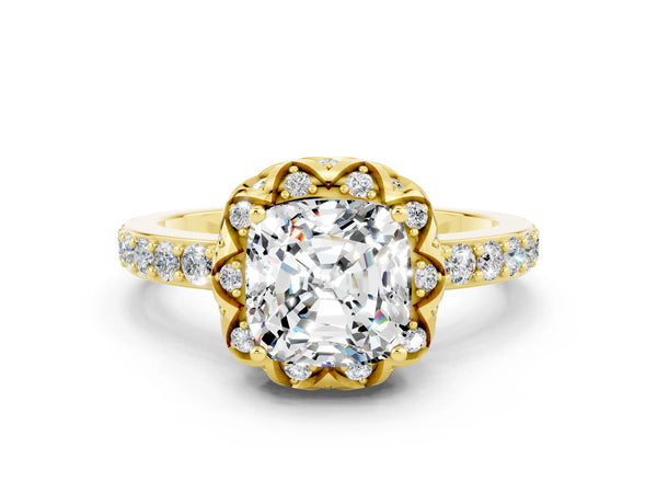 Yellow gold Cushion Cut Moissanite Scalloped Halo Engagement Ring with Round Shared Prong Band