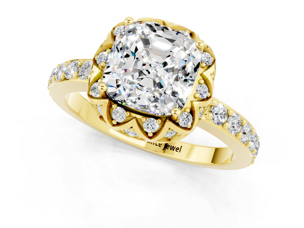 Yellow gold Cushion Cut Moissanite Scalloped Halo Engagement Ring with Round Shared Prong Band