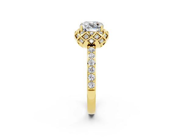 Yellow gold Cushion Cut Moissanite Scalloped Halo Engagement Ring with Round Shared Prong Band
