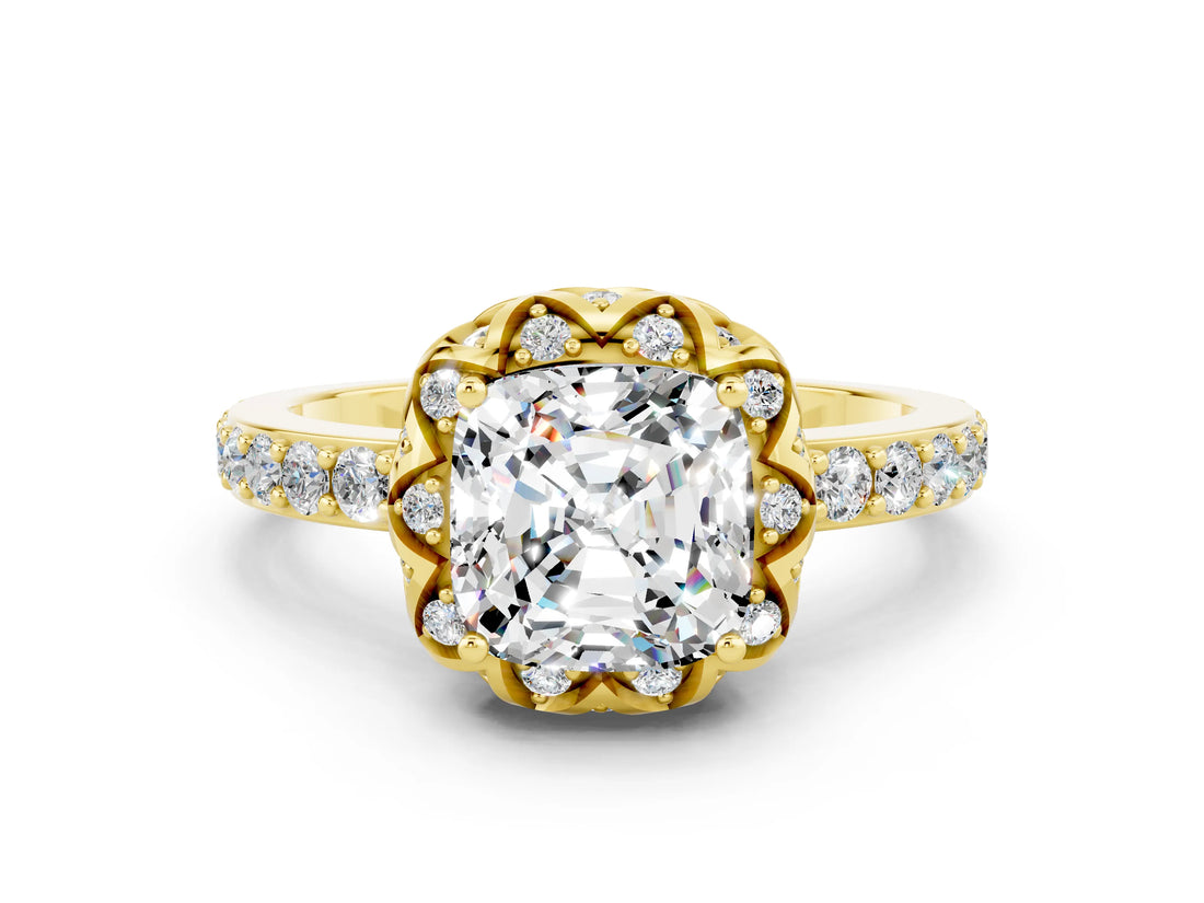 Yellow gold Cushion Cut Moissanite Scalloped Halo Engagement Ring with Round Shared Prong Band_24