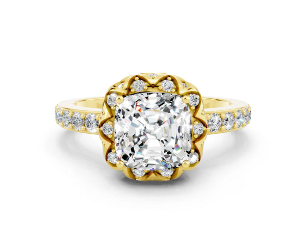 Yellow gold Cushion Cut Moissanite Scalloped Halo Engagement Ring with Round Shared Prong Band