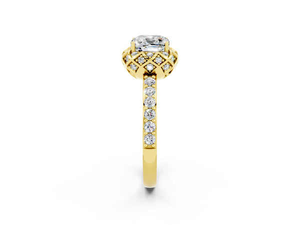Yellow gold Cushion Cut Moissanite Scalloped Halo Engagement Ring with Round Shared Prong Band