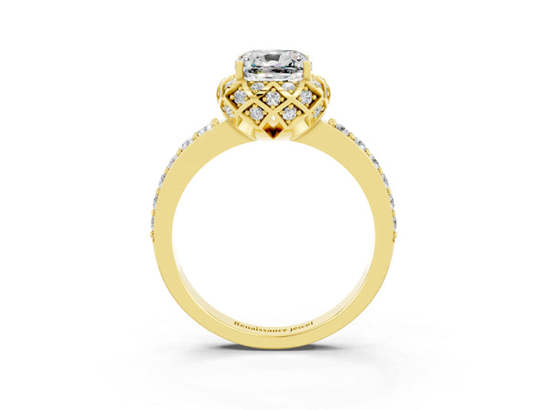 Yellow gold Cushion Cut Moissanite Scalloped Halo Engagement Ring with Round Shared Prong Band