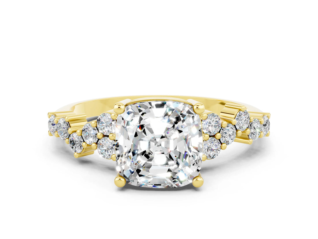 Yellow gold Cushion Cut Moissanite Scattered Round Accent Ring with Prong Setting_24
