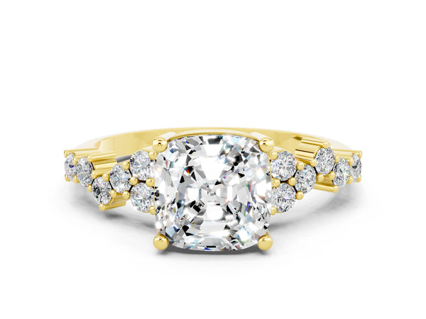 Yellow gold Cushion Cut Moissanite Scattered Round Accent Ring with Prong Setting