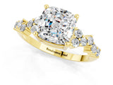 Yellow gold Cushion Cut Moissanite Scattered Round Accent Ring with Prong Setting_25