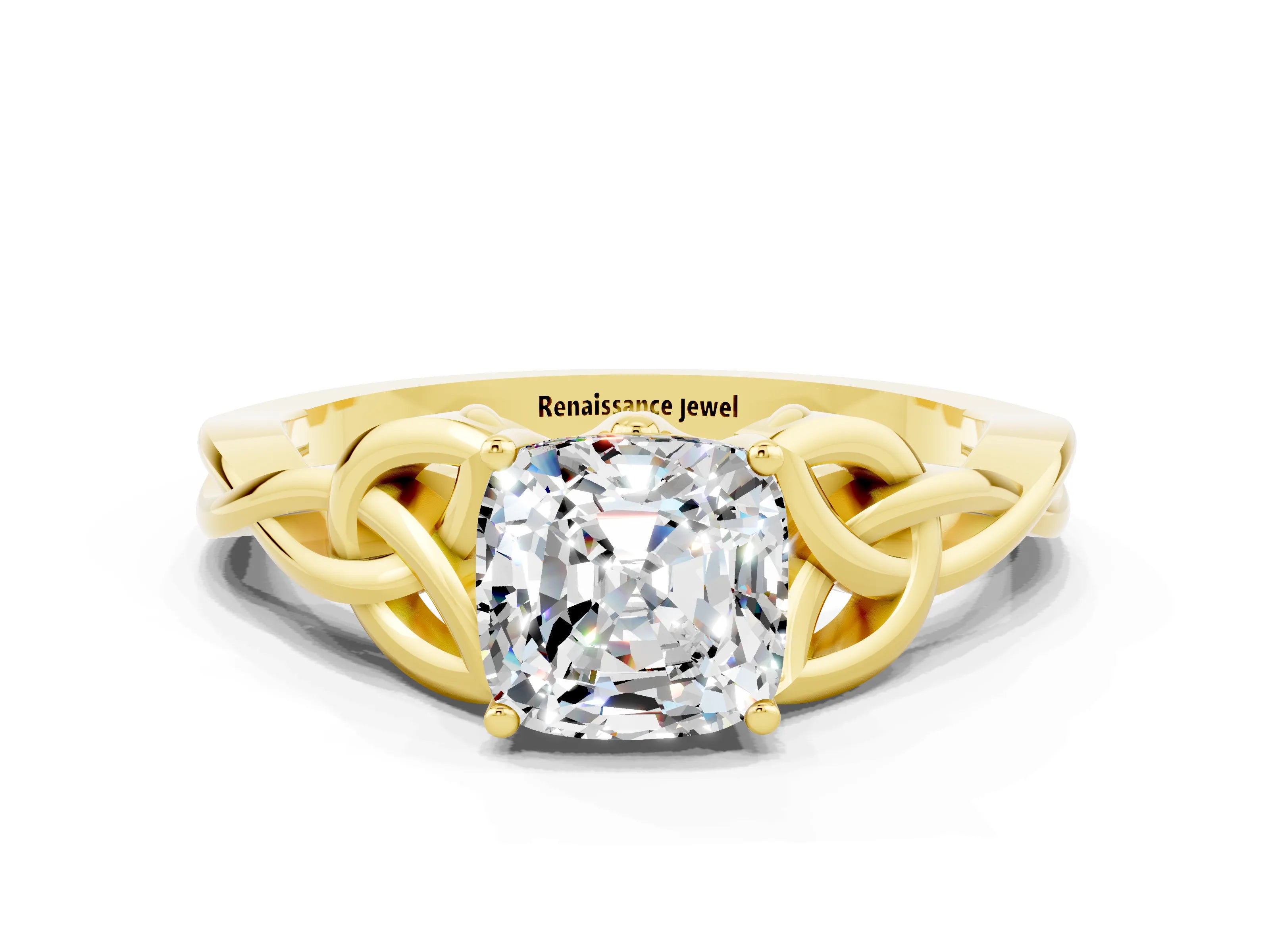 Yellow gold Cushion Cut Moissanite Solitaire Celtic Knot Ring with Four-Prong Setting_12