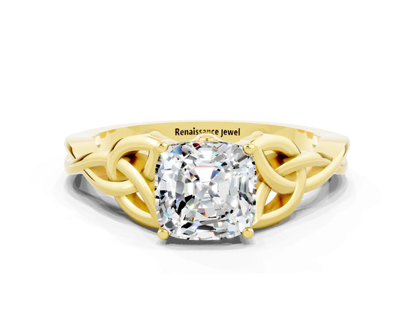 Yellow gold Cushion Cut Moissanite Solitaire Celtic Knot Ring with Four-Prong Setting