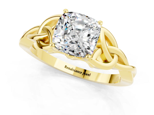 Yellow gold Cushion Cut Moissanite Solitaire Celtic Knot Ring with Four-Prong Setting