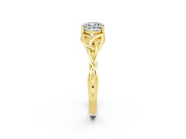 Yellow gold Cushion Cut Moissanite Solitaire Celtic Knot Ring with Four-Prong Setting