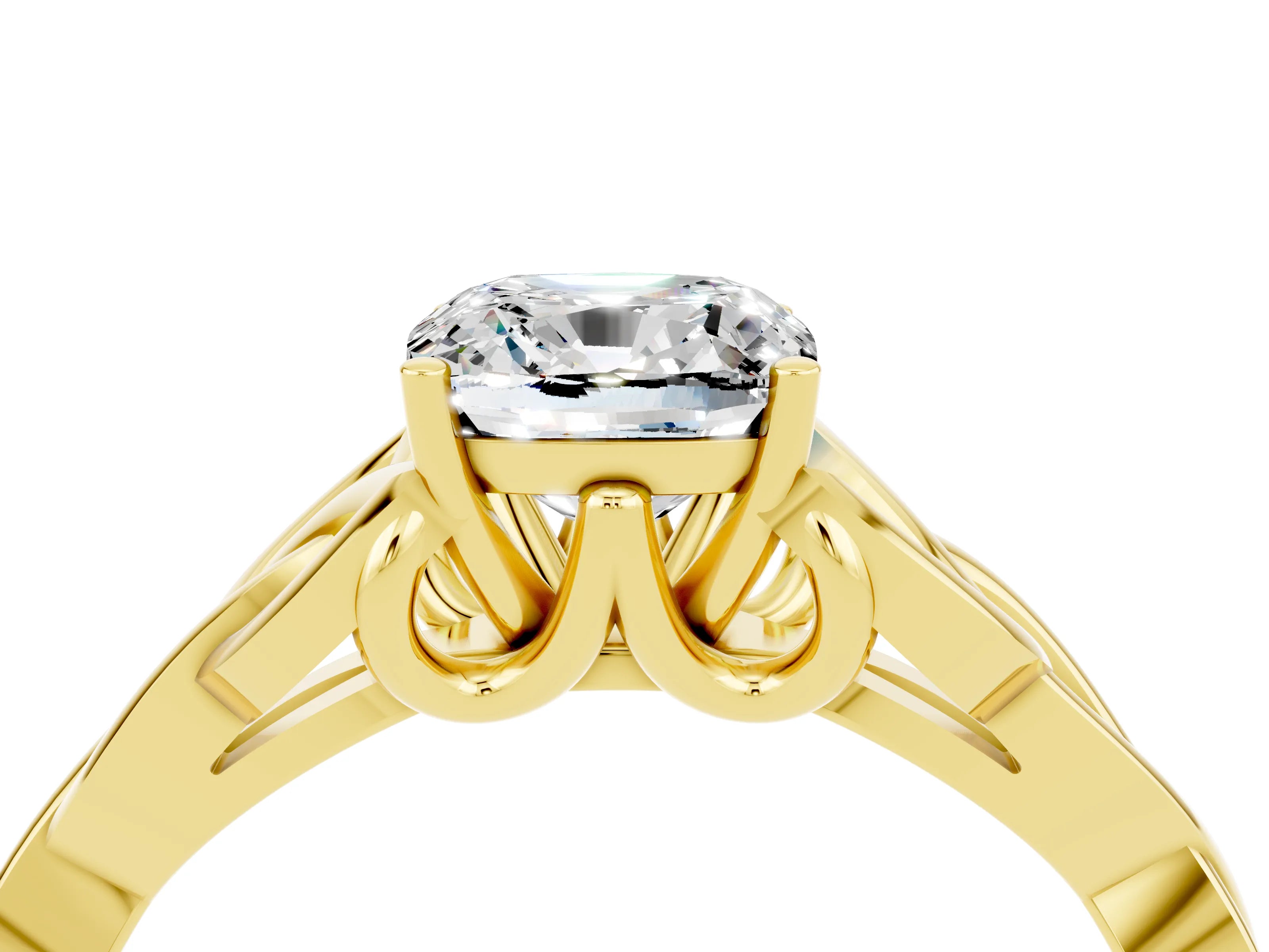 Yellow gold Cushion Cut Moissanite Solitaire Celtic Knot Ring with Four-Prong Setting_16