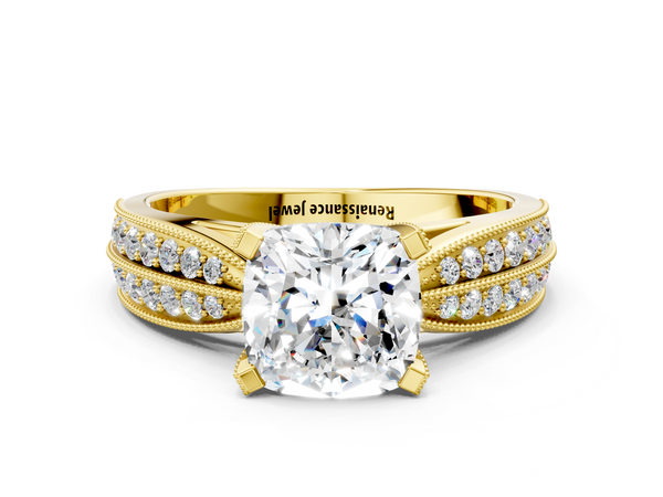 Yellow gold Cushion Cut Moissanite   Solitaire Diamond Ring with Milgrain Pavé Band and Four-Prong Setting