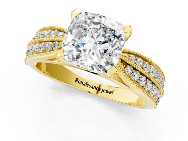 Yellow gold Cushion Cut Moissanite   Solitaire Diamond Ring with Milgrain Pavé Band and Four-Prong Setting