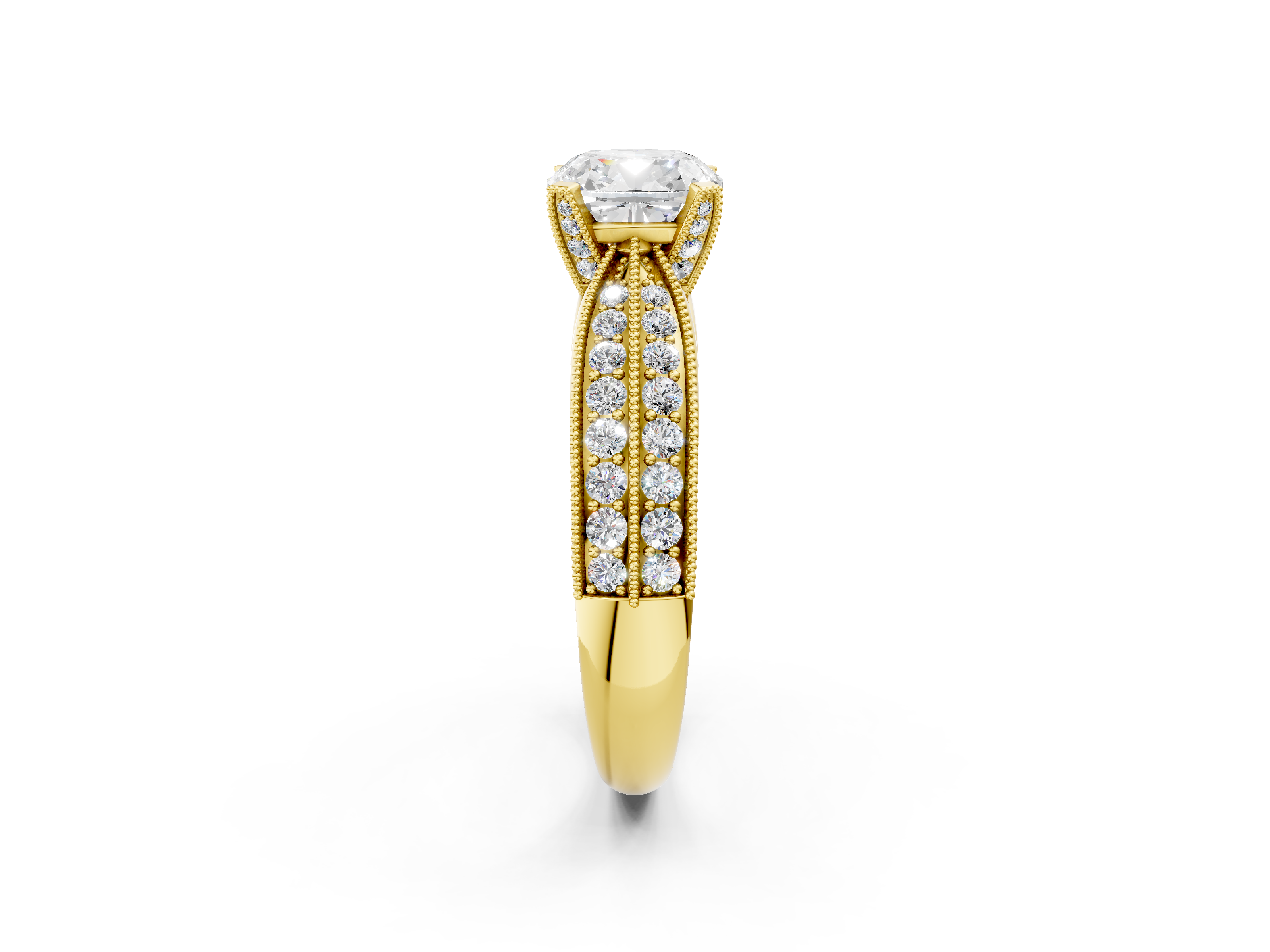 Yellow gold Cushion Cut Moissanite   Solitaire Diamond Ring with Milgrain Pavé Band and Four-Prong Setting_36