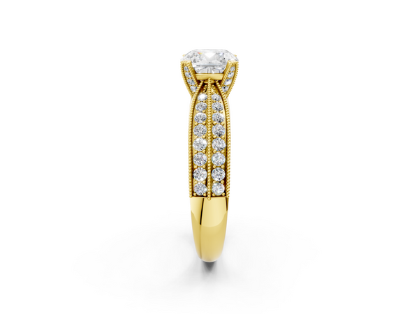 Yellow gold Cushion Cut Moissanite   Solitaire Diamond Ring with Milgrain Pavé Band and Four-Prong Setting