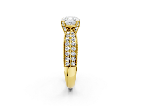 Yellow gold Cushion Cut Moissanite   Solitaire Diamond Ring with Milgrain Pavé Band and Four-Prong Setting_36