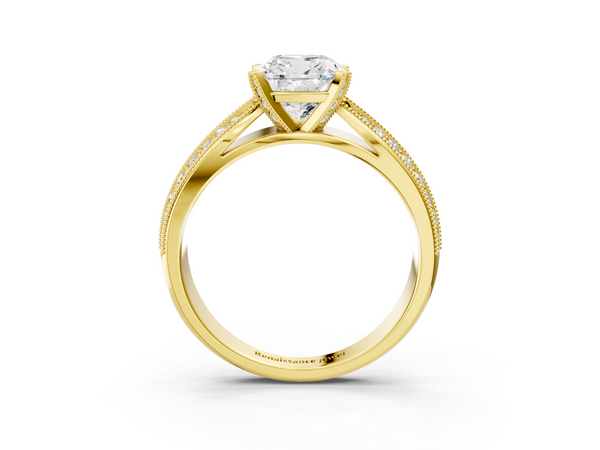 Yellow gold Cushion Cut Moissanite   Solitaire Diamond Ring with Milgrain Pavé Band and Four-Prong Setting