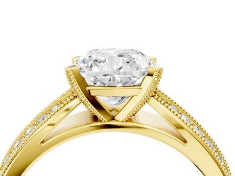 Yellow gold Cushion Cut Moissanite   Solitaire Diamond Ring with Milgrain Pavé Band and Four-Prong Setting_38