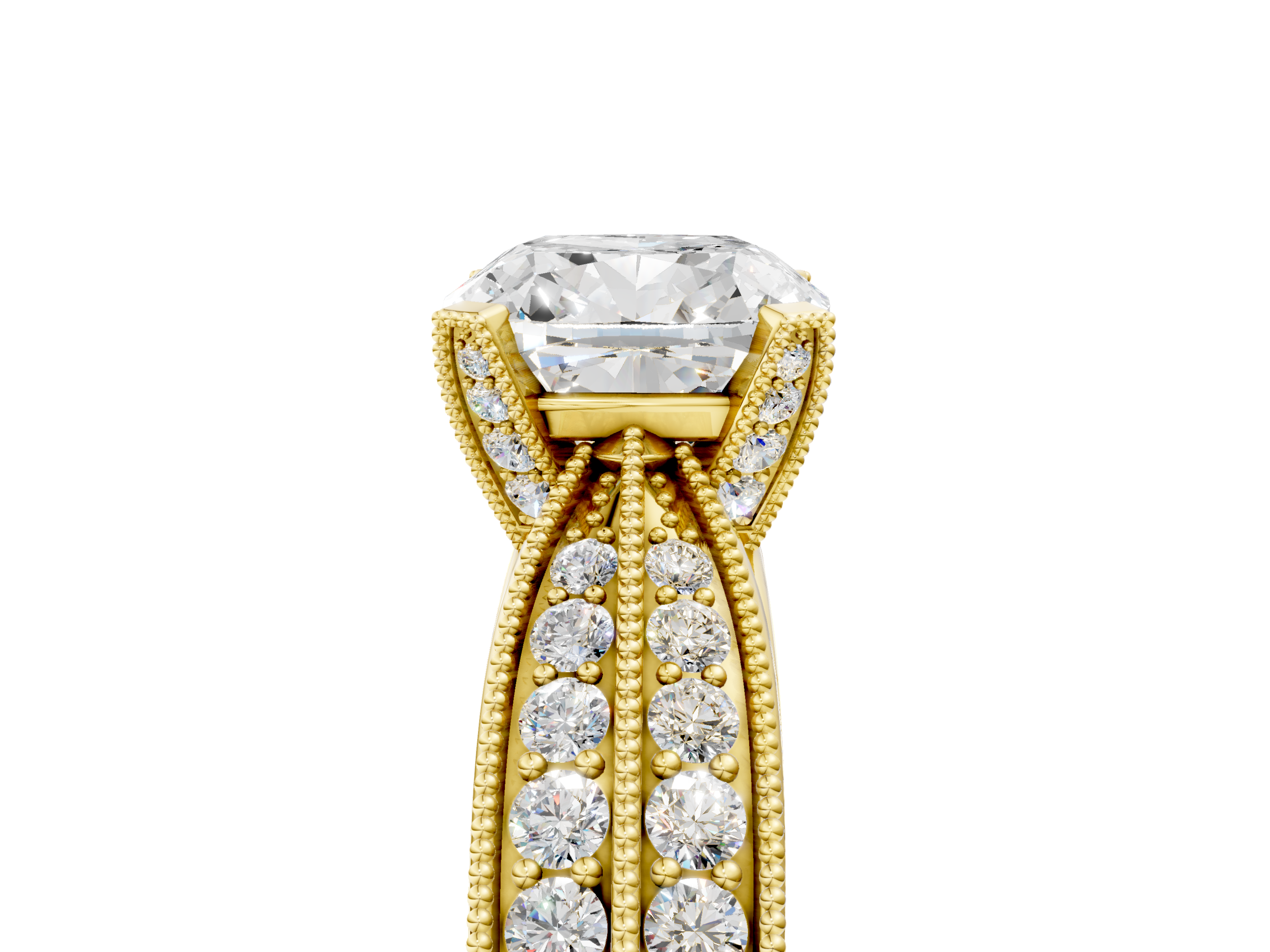 Yellow gold Cushion Cut Moissanite   Solitaire Diamond Ring with Milgrain Pavé Band and Four-Prong Setting_39