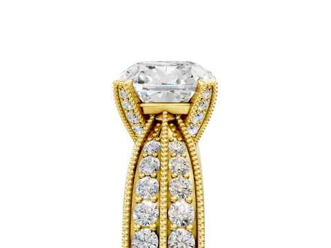 Yellow gold Cushion Cut Moissanite   Solitaire Diamond Ring with Milgrain Pavé Band and Four-Prong Setting_39
