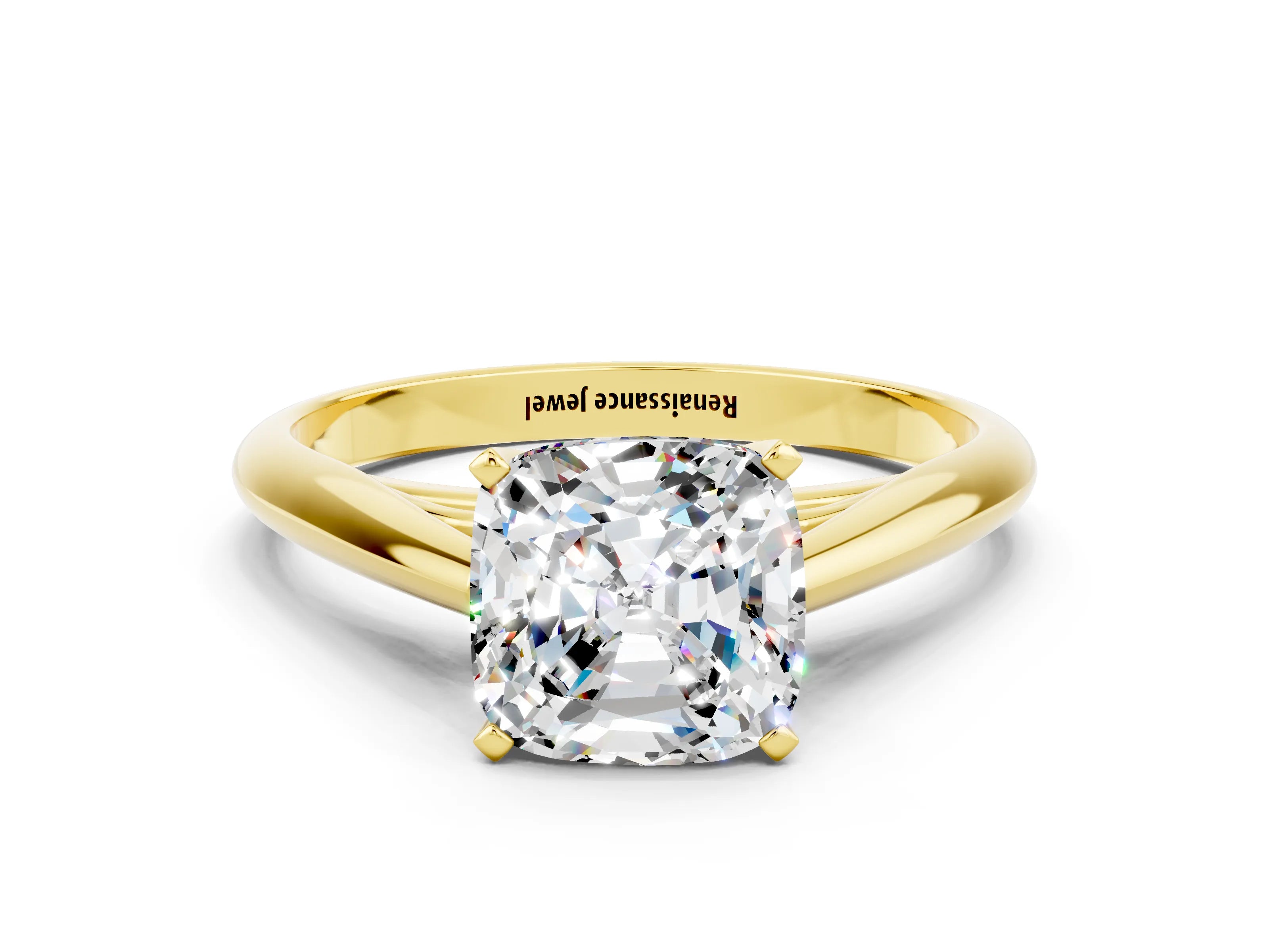 Yellow gold Cushion Cut Moissanite Solitaire Engagement Ring with Cathedral Setting and Four-Prong Mount_12
