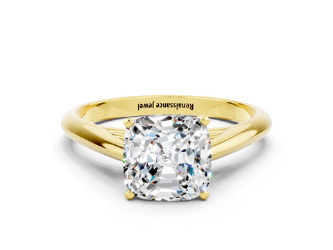 Yellow gold Cushion Cut Moissanite Solitaire Engagement Ring with Cathedral Setting and Four-Prong Mount_12