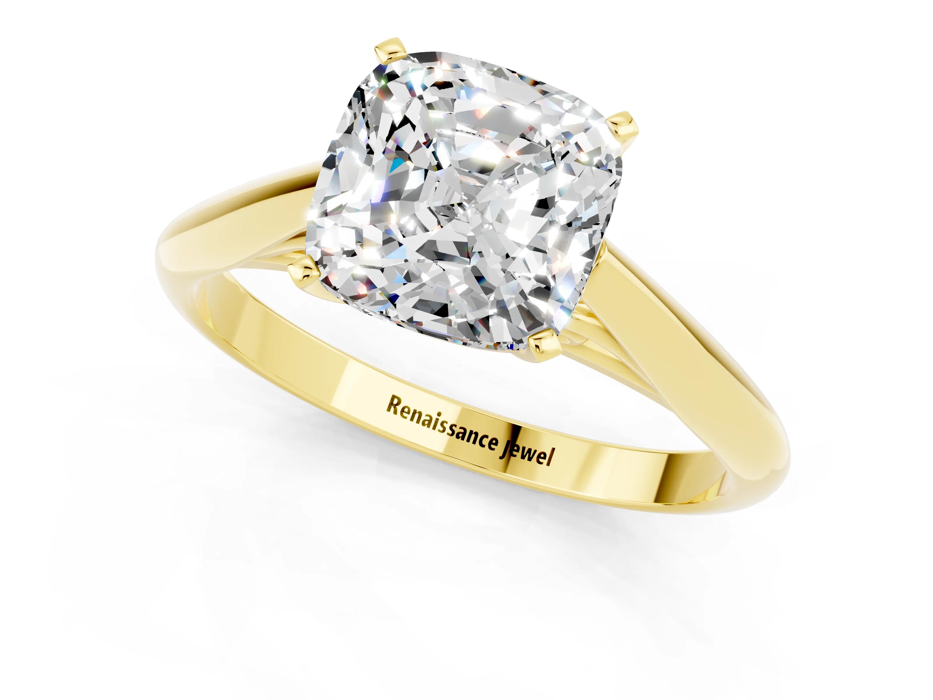 Yellow gold Cushion Cut Moissanite Solitaire Engagement Ring with Cathedral Setting and Four-Prong Mount_13