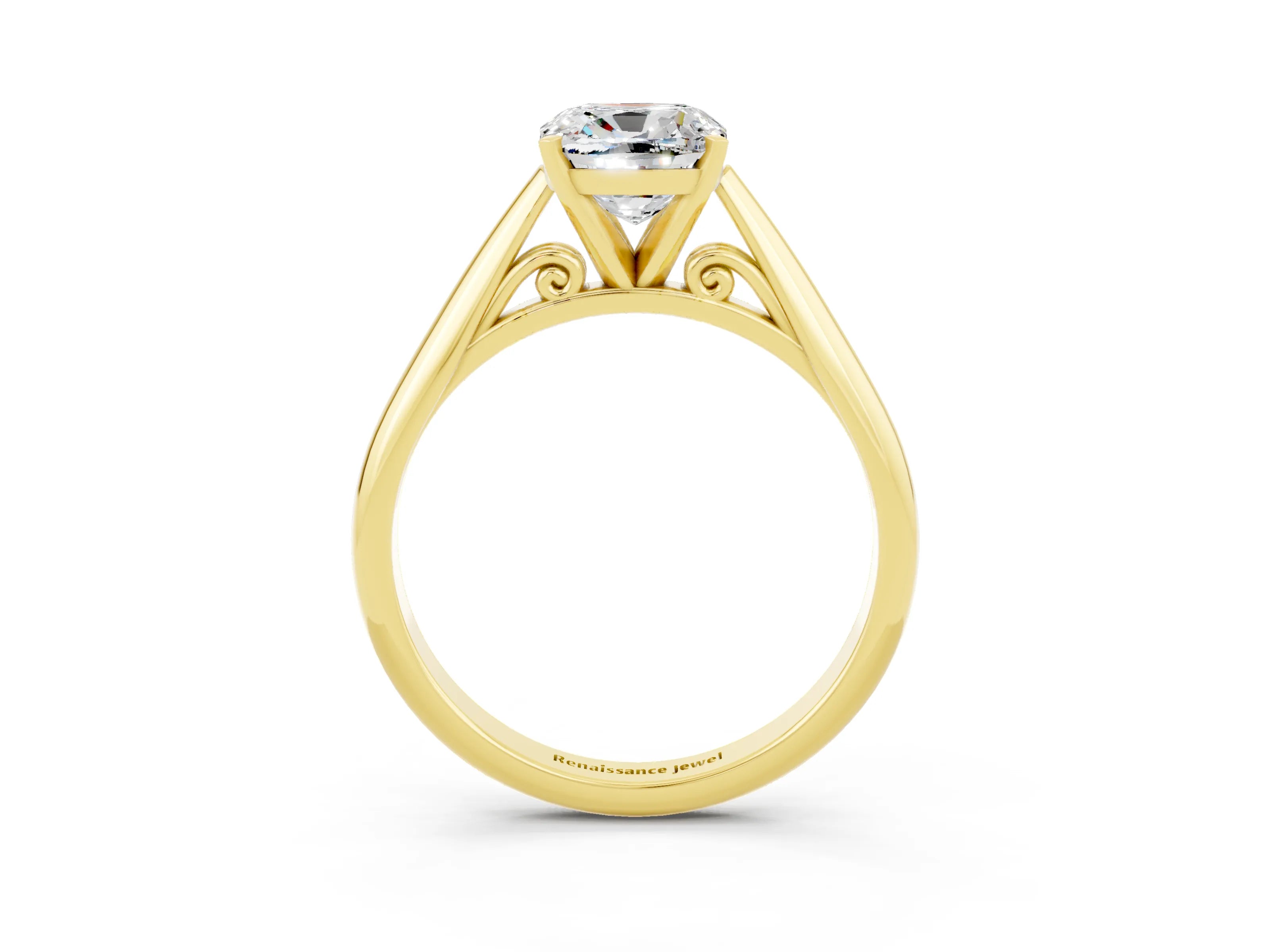 Yellow gold Cushion Cut Moissanite Solitaire Engagement Ring with Cathedral Setting and Four-Prong Mount_15