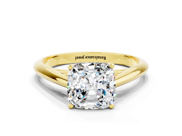 Yellow gold Cushion Cut Moissanite Solitaire Engagement Ring with Cathedral Setting and Four-Prong Mount
