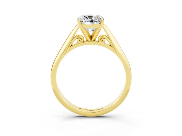 Yellow gold Cushion Cut Moissanite Solitaire Engagement Ring with Cathedral Setting and Four-Prong Mount