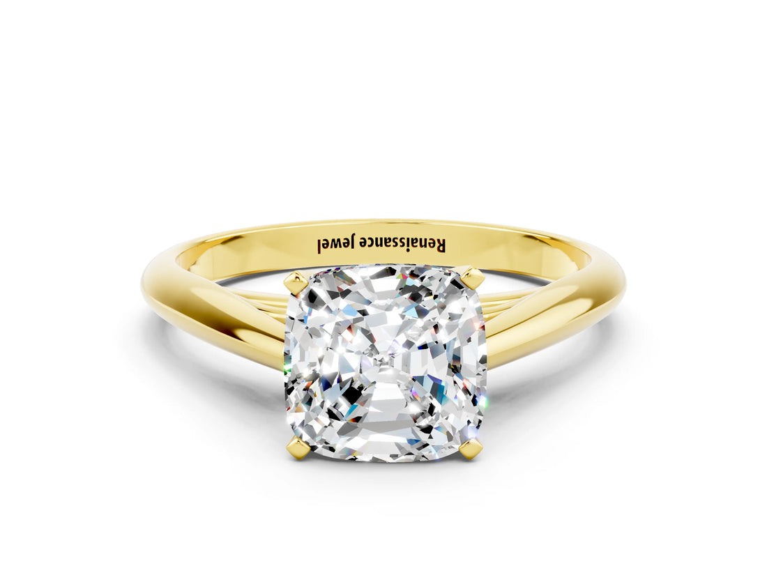 Yellow gold Cushion Cut Moissanite Solitaire Engagement Ring with Cathedral Setting and Four-Prong Mount_84
