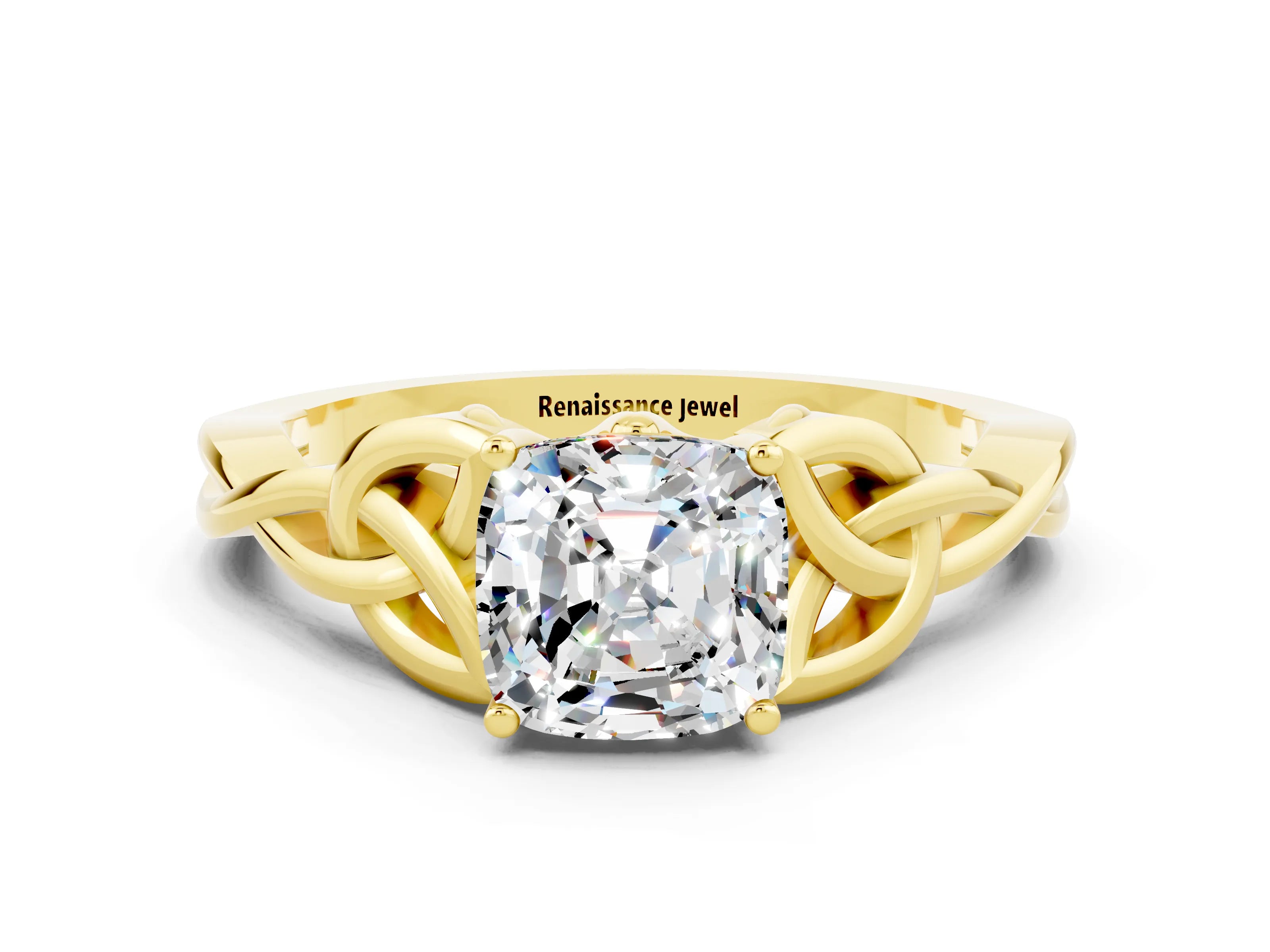 Yellow gold Cushion Cut Moissanite Solitaire Engagement Ring with Celtic Knot Band and Four-Prong Setting