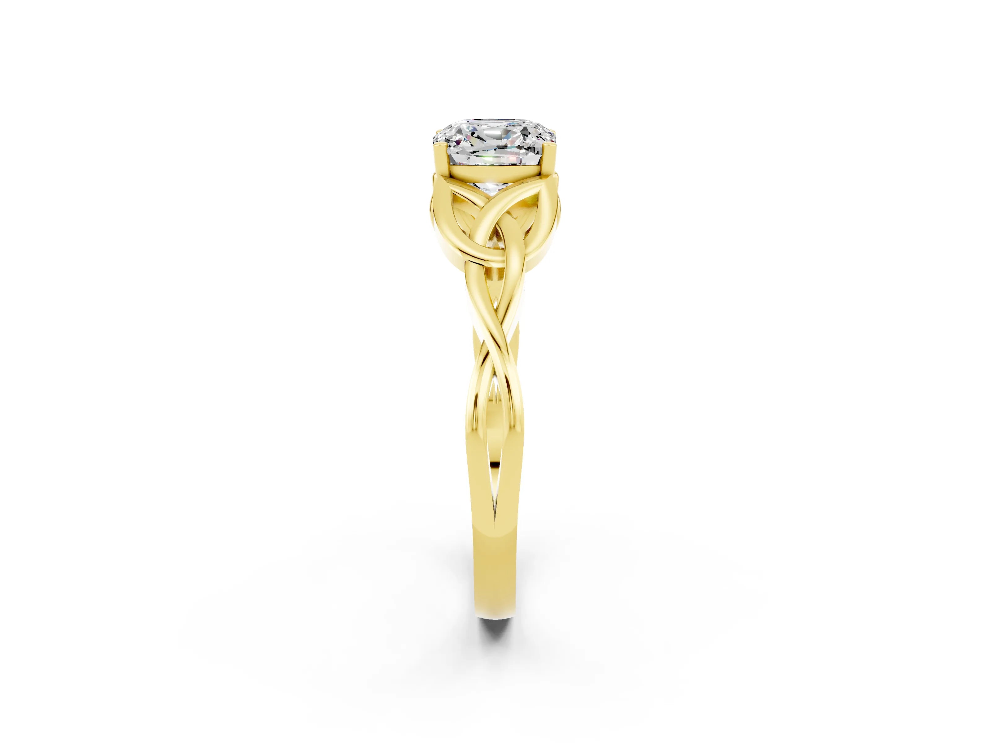 Yellow gold Cushion Cut Moissanite Solitaire Engagement Ring with Celtic Knot Band and Four-Prong Setting_2
