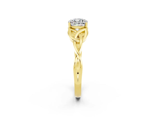 Yellow gold Cushion Cut Moissanite Solitaire Engagement Ring with Celtic Knot Band and Four-Prong Setting