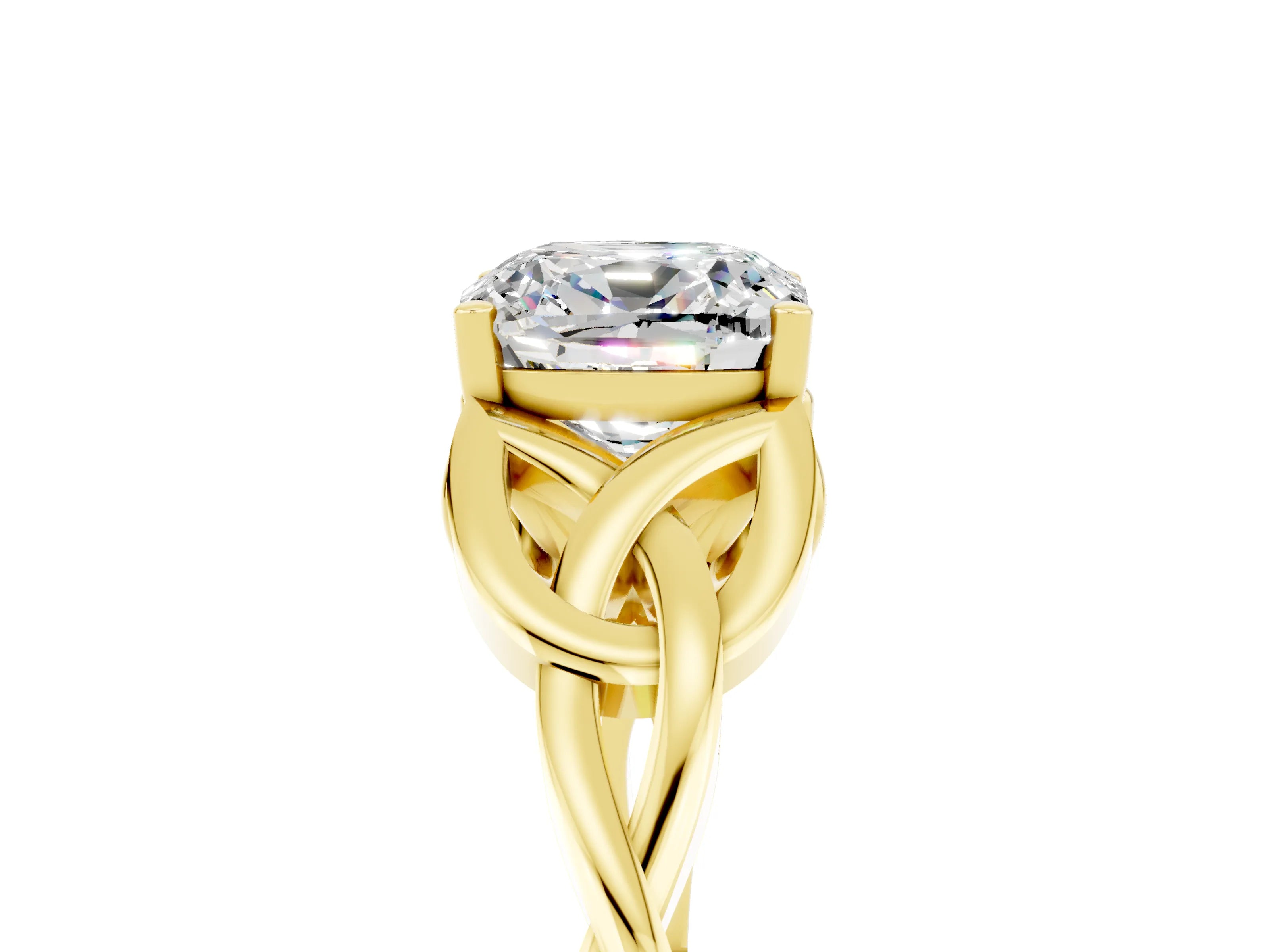 Yellow gold Cushion Cut Moissanite Solitaire Engagement Ring with Celtic Knot Band and Four-Prong Setting_5