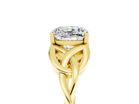 Yellow gold Cushion Cut Moissanite Solitaire Engagement Ring with Celtic Knot Band and Four-Prong Setting_5