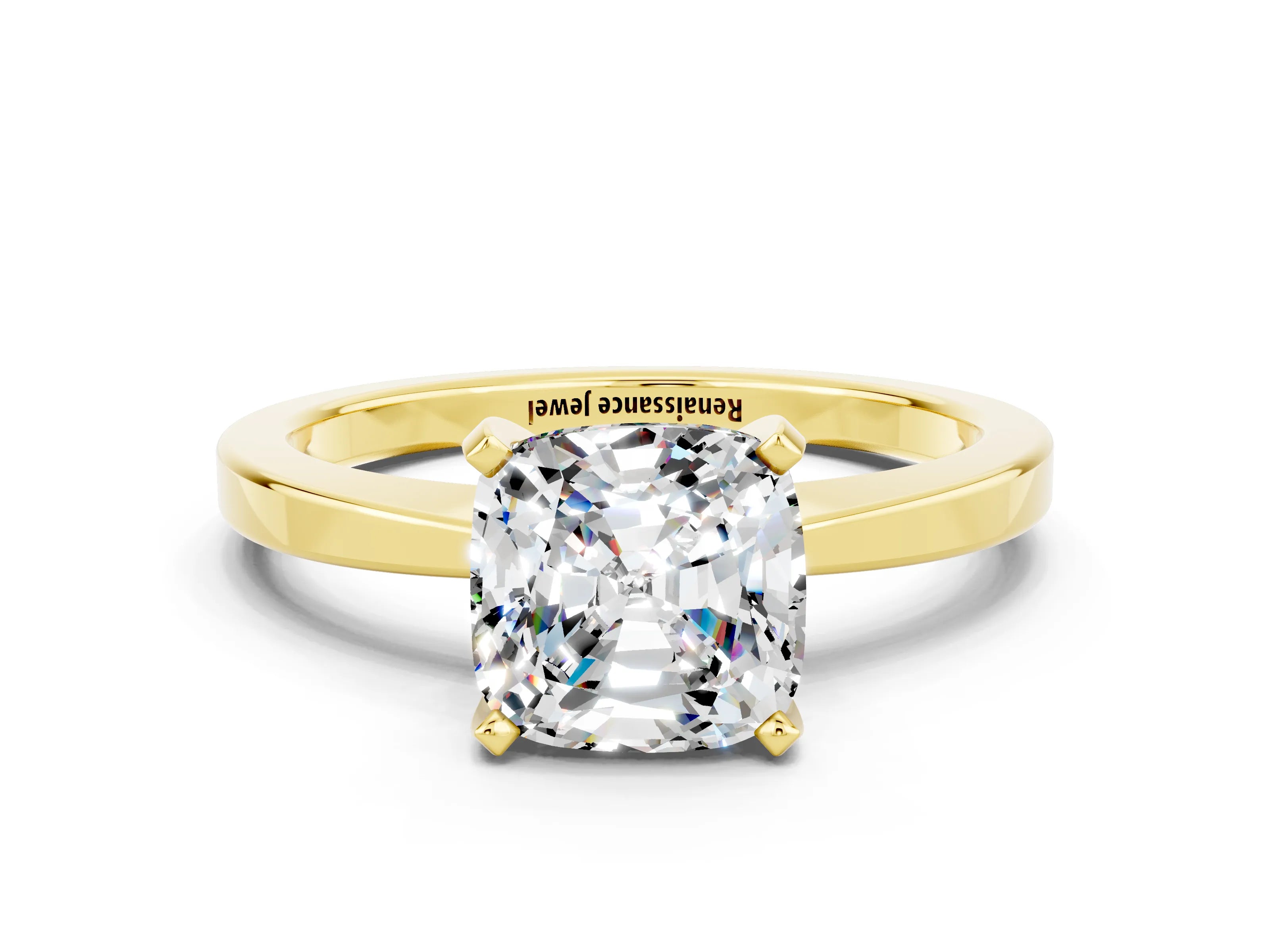Yellow gold Cushion Cut Moissanite Solitaire Engagement Ring with Classic Band and Four-Prong Setting_24