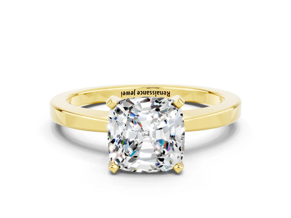 Yellow gold Cushion Cut Moissanite Solitaire Engagement Ring with Classic Band and Four-Prong Setting