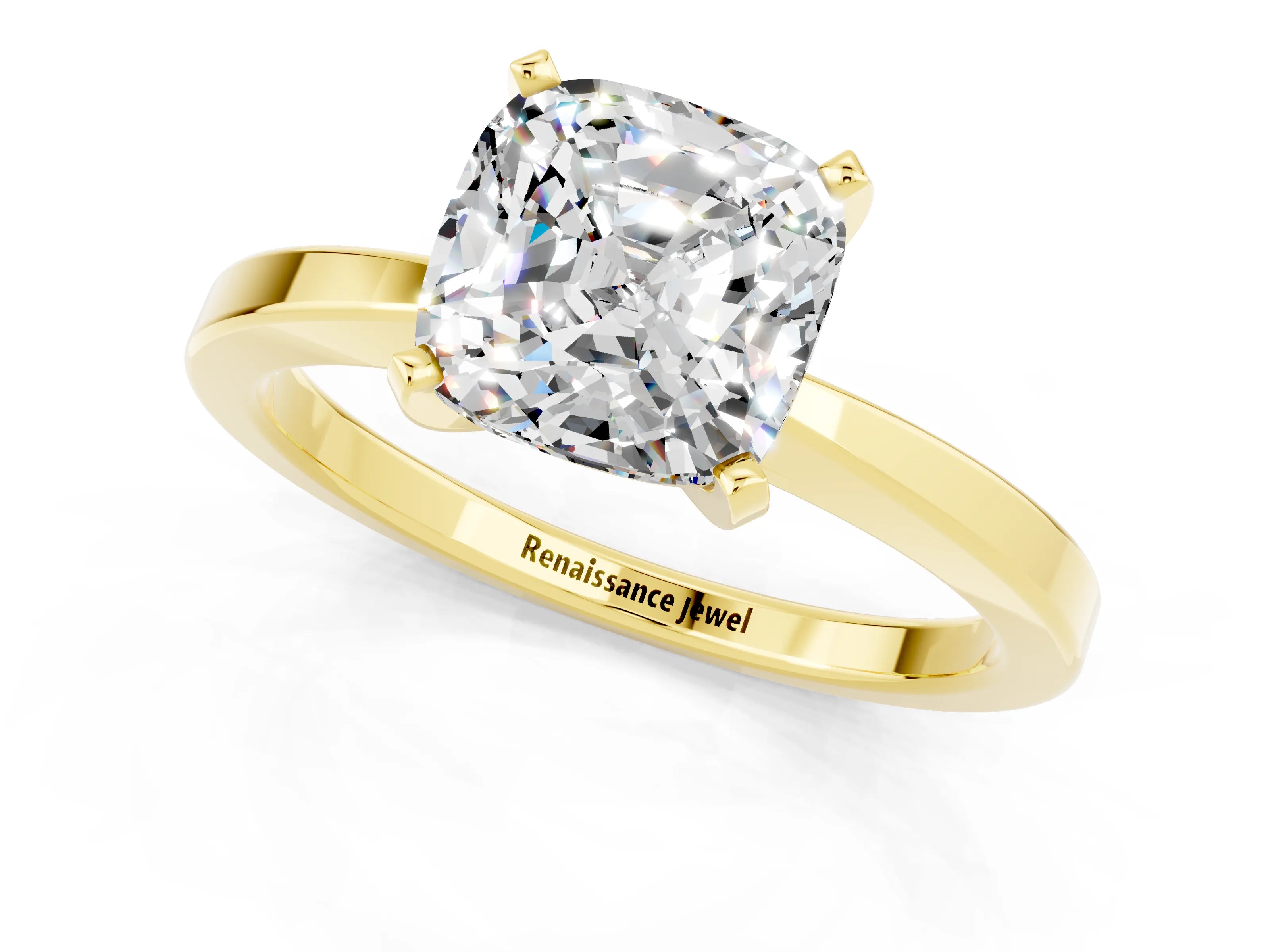 Yellow gold Cushion Cut Moissanite Solitaire Engagement Ring with Classic Band and Four-Prong Setting_25